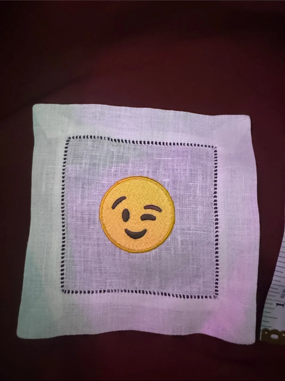 Embroidered Wink Face Emoji Linen Cocktail Napkin - White C1.B.1R